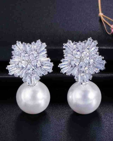 Large Snowflake Cubic Zirconia Pearl Earrings
