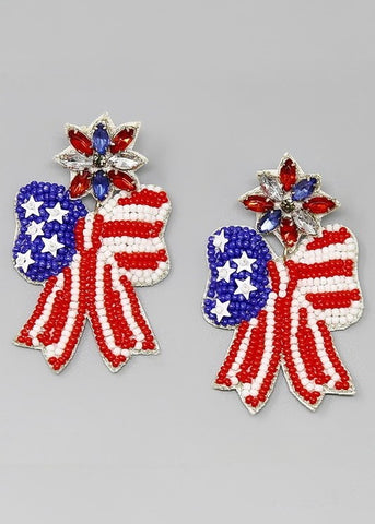 American Flag Pattern Bow Seed Beaded Earrings