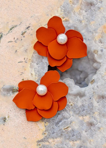 Brick and Pearl Flower Stud Earrings