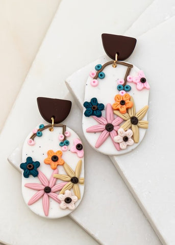 Brown and Cream Clay Oval Drop Earrings