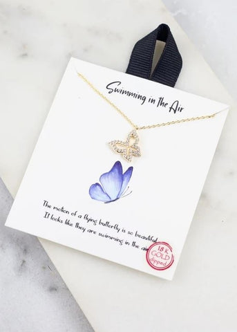 Swimming In The Air CZ Butterfly Necklace Gold