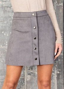 Gray Button Front Suede Mini Skirt