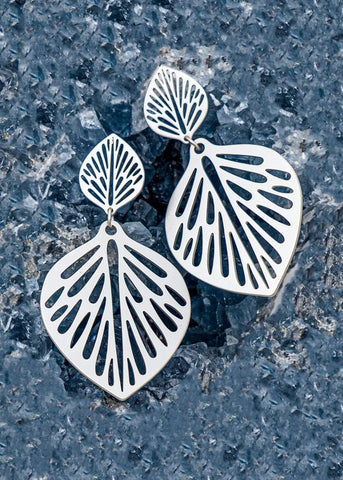 Silver Double Openwork Leaf Drop Earrings