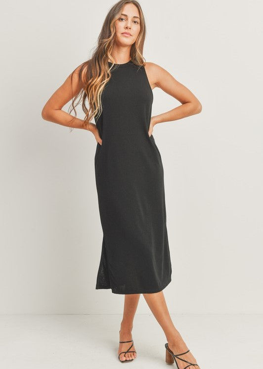 Black French Terry Sleeveless Midi Dress