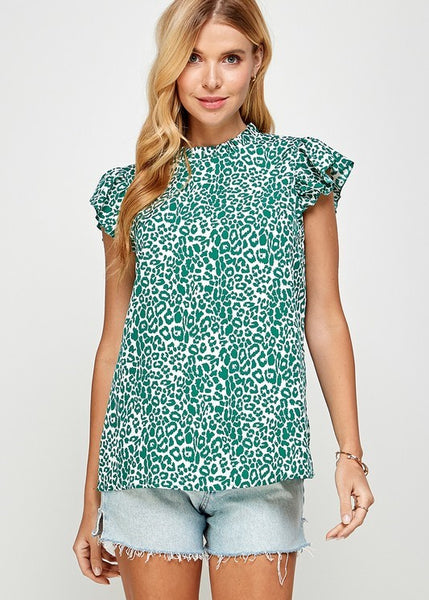 Emerald Leopard Print Ruffle Mock Neck Top