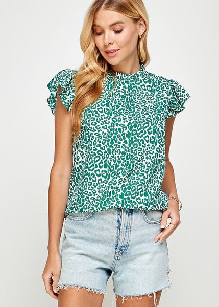 Emerald Leopard Print Ruffle Mock Neck Top