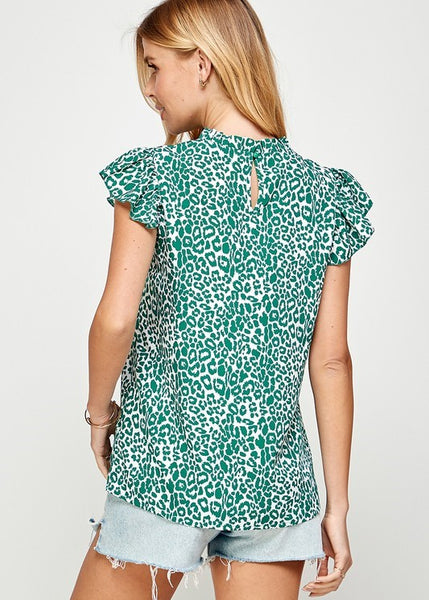 Emerald Leopard Print Ruffle Mock Neck Top