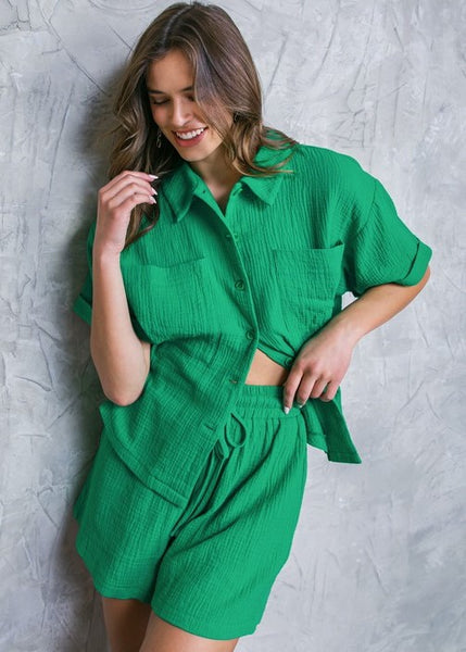 Emerald  Oversized Textured Button Top