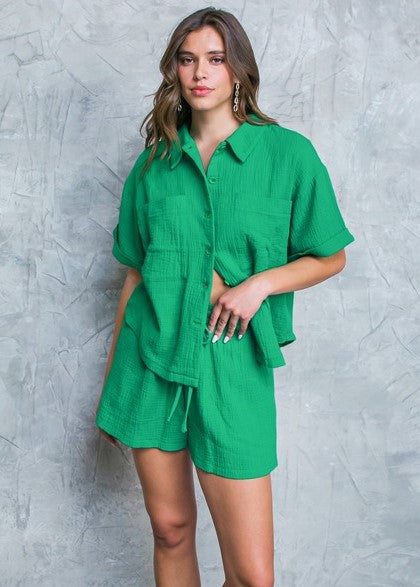 Emerald  Oversized Textured Button Top