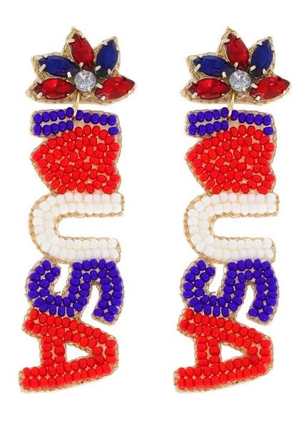 Jeweled "I <3 USA" Beaded Earrings