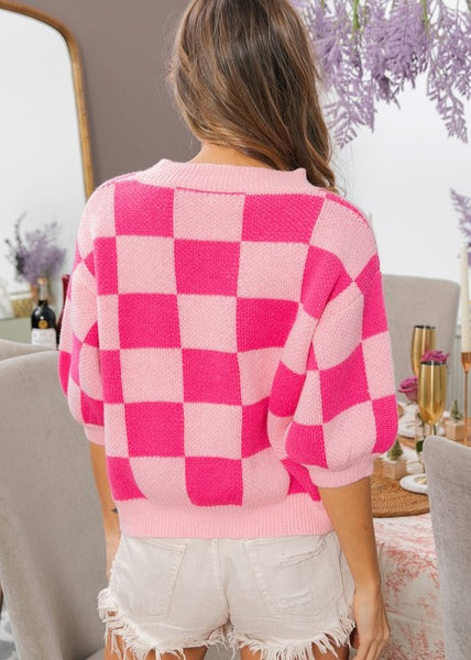 Pink and Fuchsia Check Puff Sleeve Sweater Top