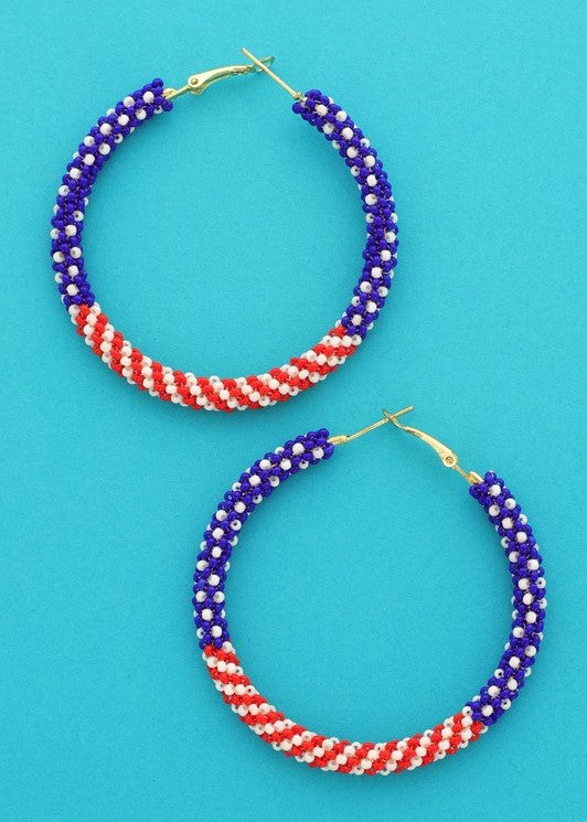 American Flag Seed Bead Hoop Earrings