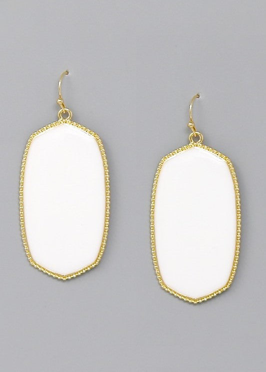 White Hexagon Frame Enamel Drop Earrings