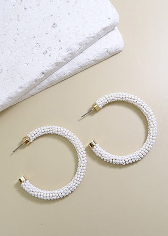 White Seed Bead Hoop Earrings