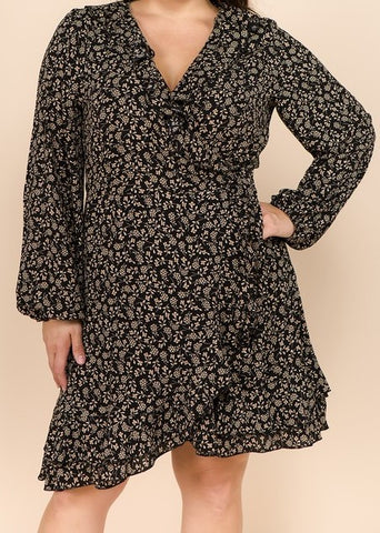 Longsleeve Floral Wrap Ruffle Dress