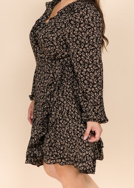 Longsleeve Floral Wrap Ruffle Dress