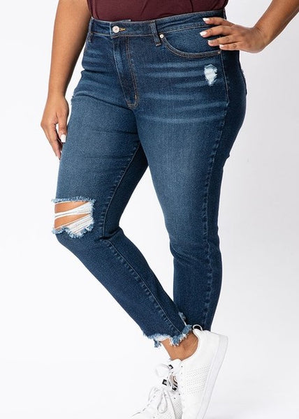 Distressed High Rise Ankle Skinny Denim