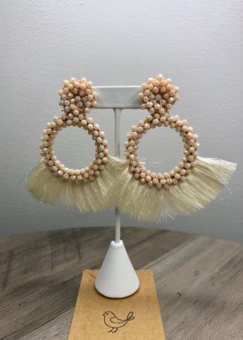 Cream Tassel and Glass Bead Statement Earrings