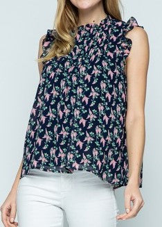 High Neck Navy Floral Ruffle Top