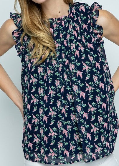 High Neck Navy Floral Ruffle Top