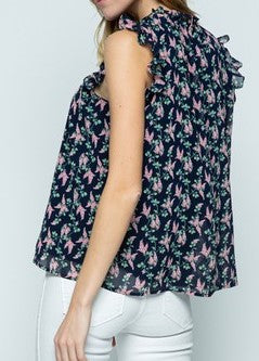 High Neck Navy Floral Ruffle Top