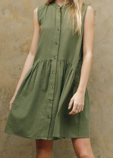 Olive Button Down Linen Mini Dress