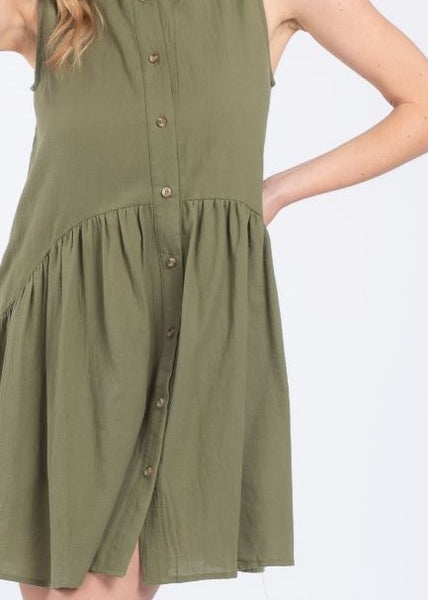 Olive Button Down Linen Mini Dress