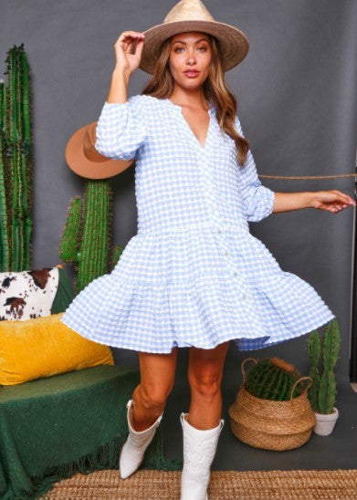 Balloon Half Sleeve Gingham Print Tiered Dress