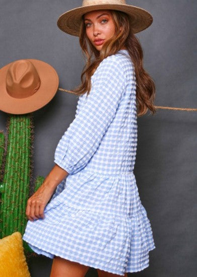 Balloon Half Sleeve Gingham Print Tiered Dress