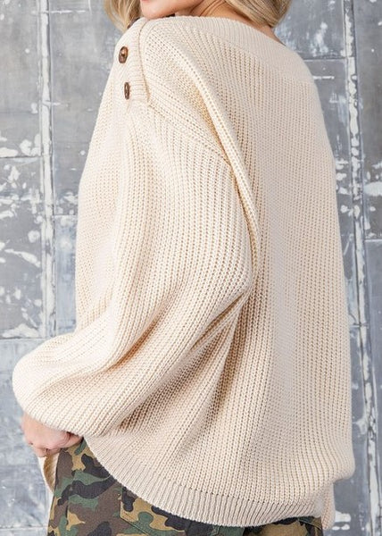 Oatmeal Ribbed Balloon-Sleeve Sweater Top