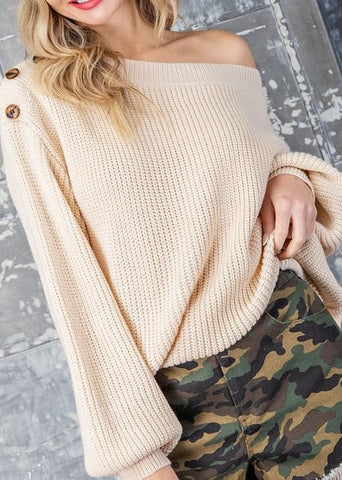 Oatmeal Ribbed Balloon-Sleeve Sweater Top