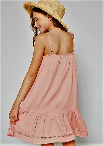 Girls Coral Ruffle Hem Tank Dress