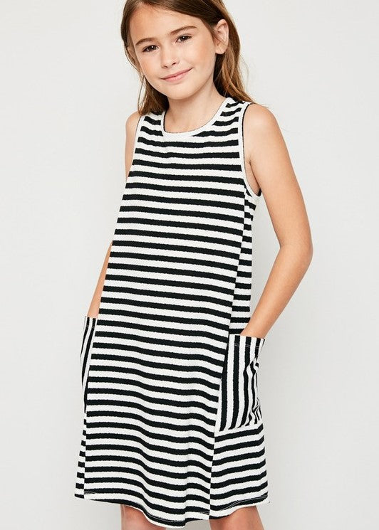 Girls Black and White Stripe Key Hole Tank Kids Dress