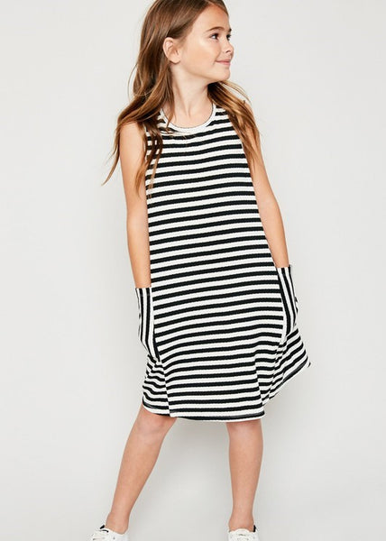 Girls Black and White Stripe Key Hole Tank Kids Dress