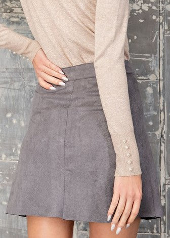 Gray Button Front Suede Mini Skirt