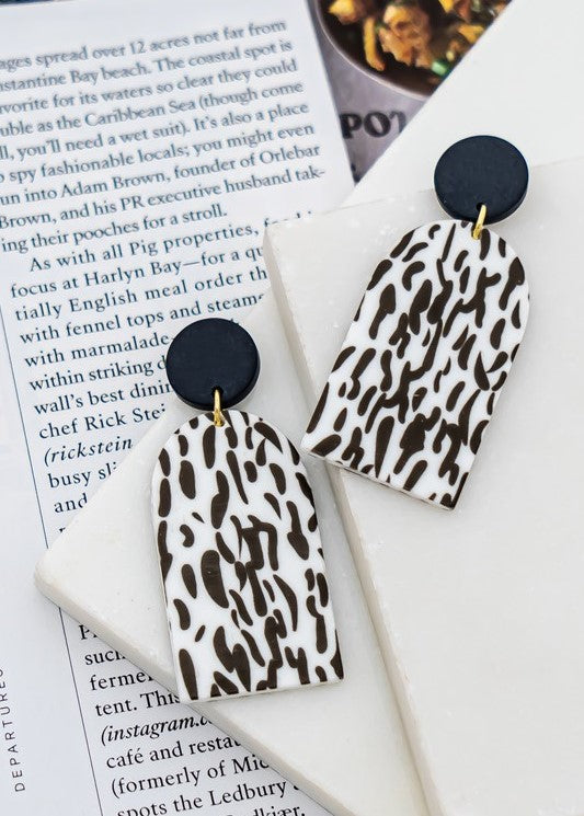 Black and White Animal Print Geo Earrings