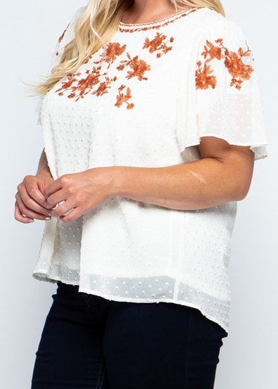 Swiss Dot Embroidered Ruffle Top