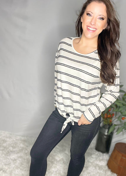 Stripe Tie Front Long Sleeve Top